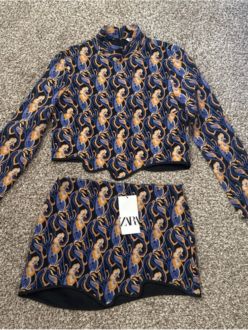 Zara Navy and Gold Paisley Mini Skirt